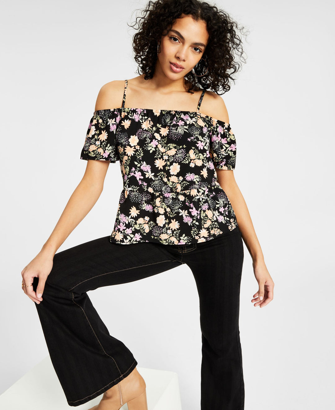 Juniors' Elasticized Short-Sleeve Cold-Shoulder Top