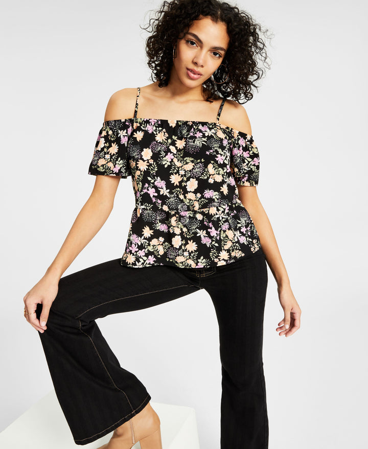 Juniors' Elasticized Short-Sleeve Cold-Shoulder Top