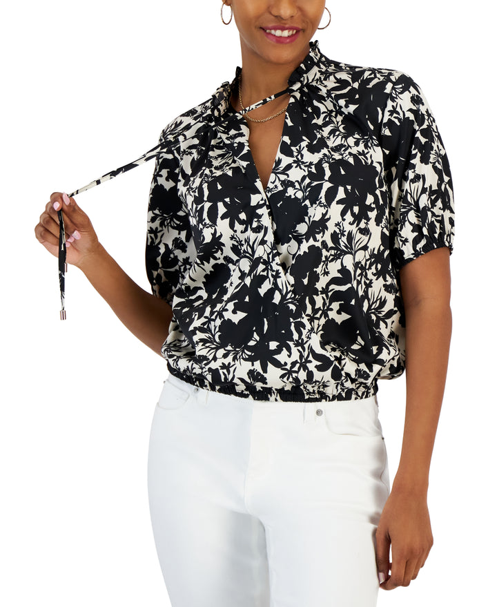 Women's Printed Tie-Neck Short-Sleeve Blouse Audrina Garden L