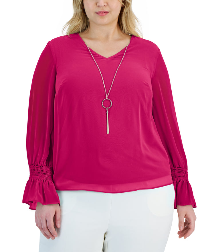 Plus Size Smocked-Sleeve Necklace Top Pink Fireball 3X