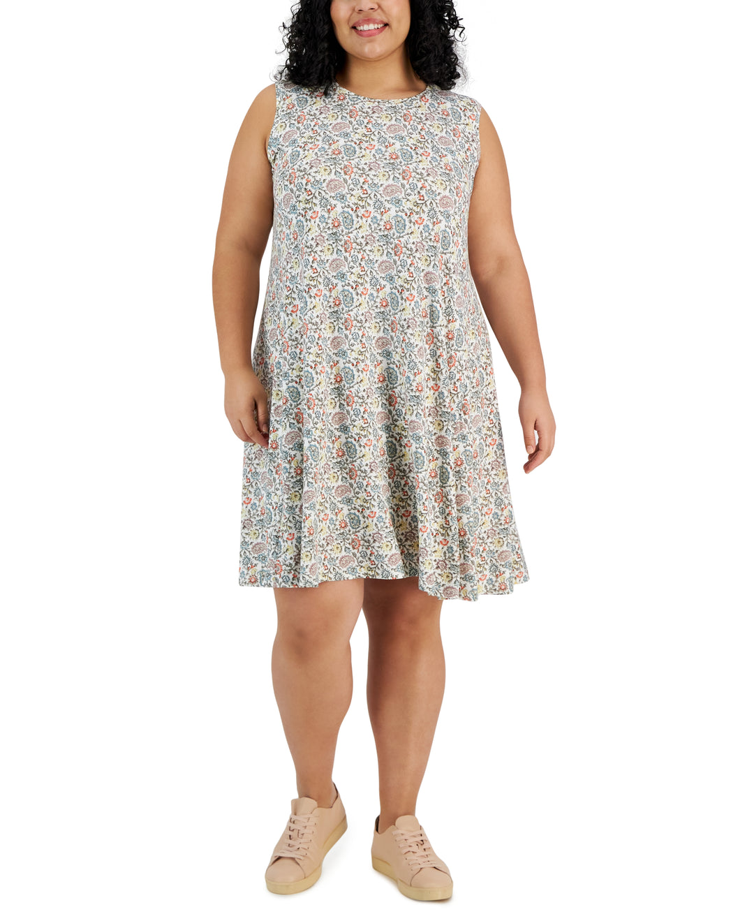 Plus Size Sleeveless Printed Flip Flop Dress Floral White 3X