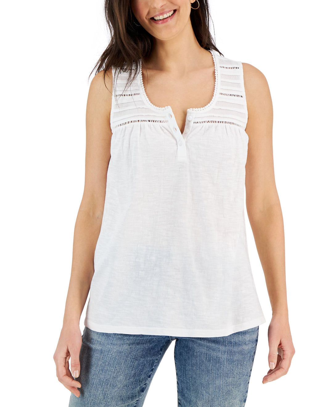 Petite Cotton Crochet-Trimmed Tucked Top