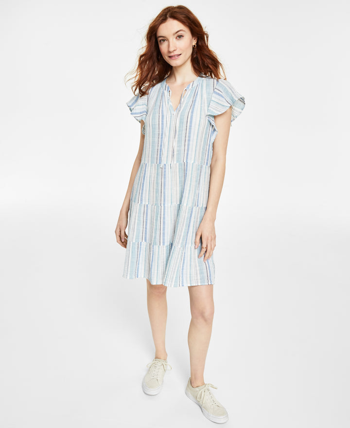 Petite Cotton Gauze Tie-Neck Tiered Dress