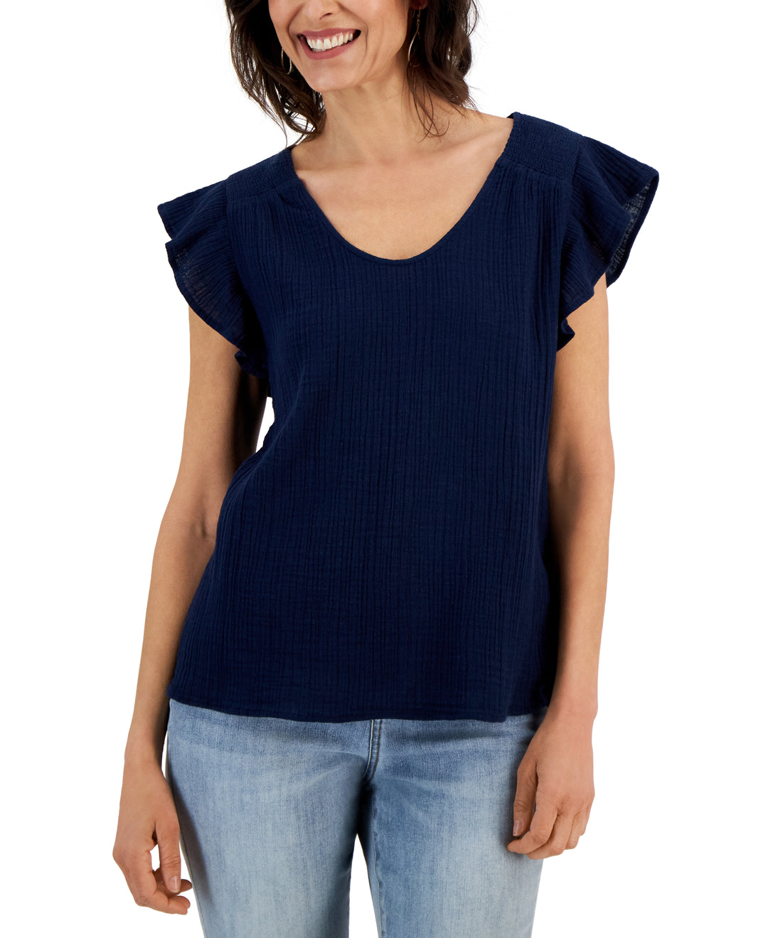 Petite Cotton Gauze Flutter-Sleeve Top