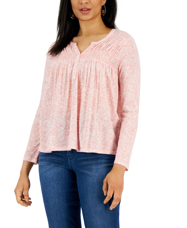 Style & Co Petite Knit Smocked Long Sleeve Top