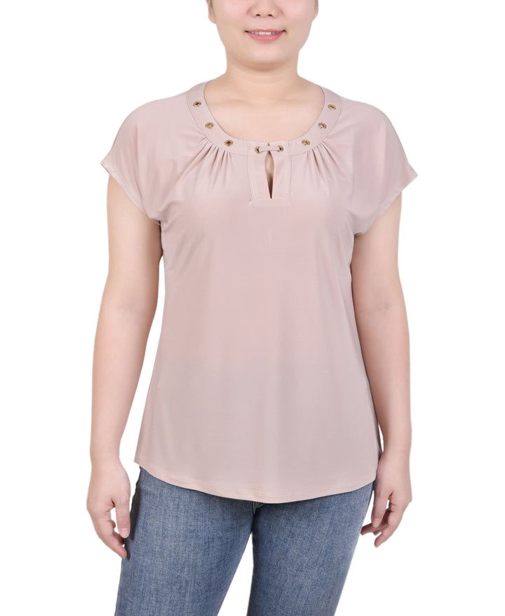 Petite Grommet Neck Knit  Short Extended Sleeve Top