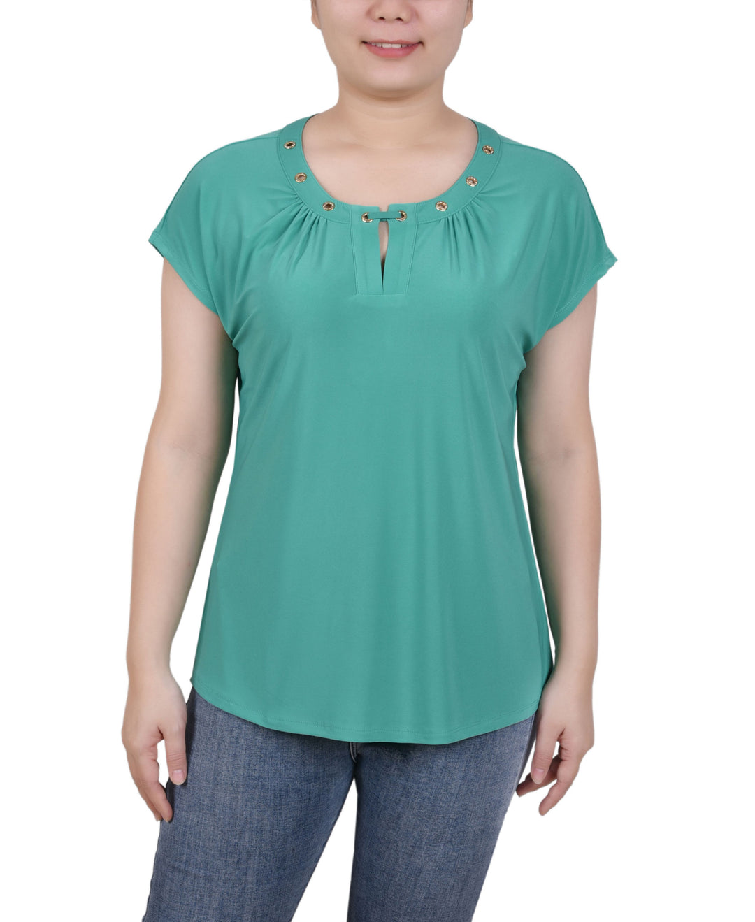 Petite Grommet Neck Knit  Short Extended Sleeve Top