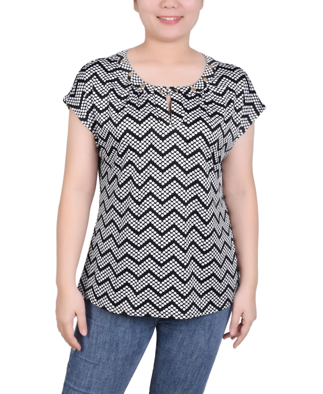 Petite Grommet Neck Knit Short Extended Sleeve Top