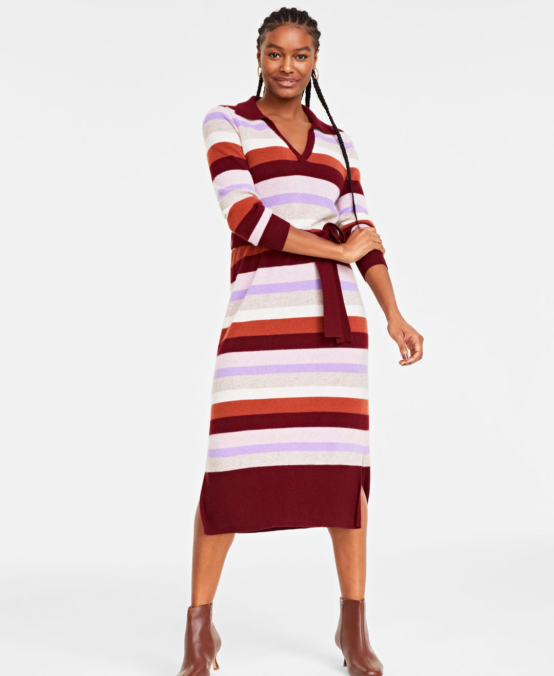 Women's 100% Cashmere Striped Midi Dress, Regular & Petite