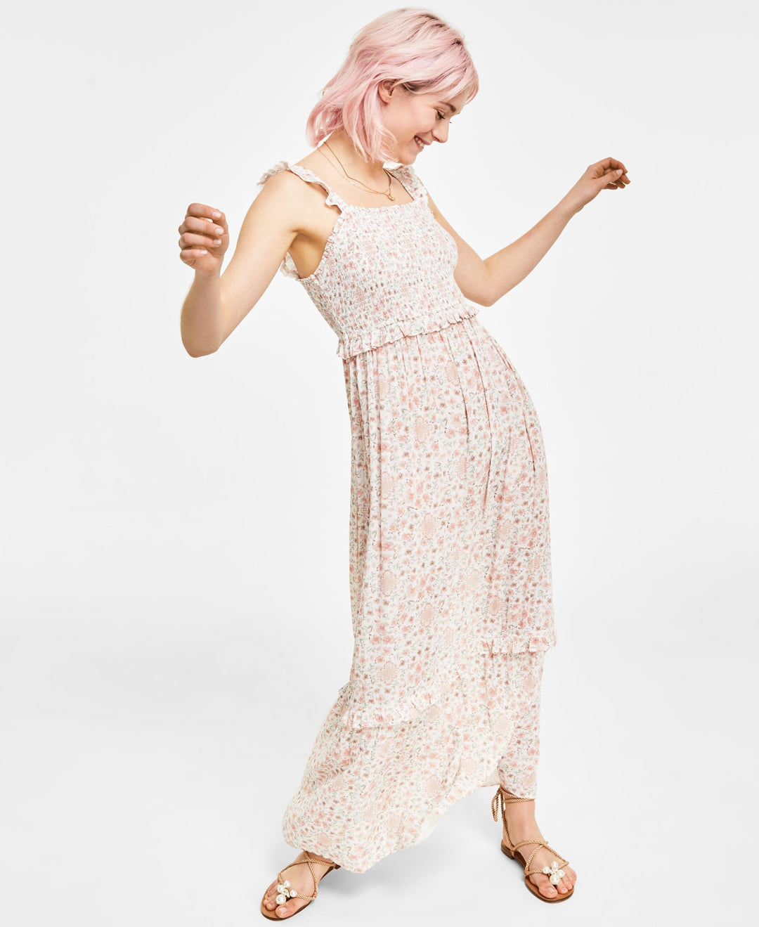 Juniors' Smocked Ruffle-Trim Sleeveless Maxi Dress
