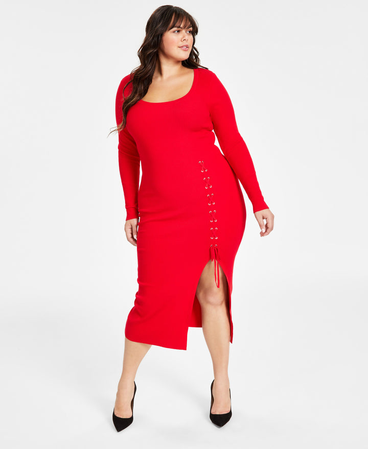 Plus Size Rib-Knit Lace-Up Sweater Dress USAFashion Plus Size Rib-Knit Lace-Up Sweater Dress USAFashion