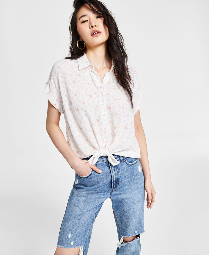 Juniors' Printed Textured Short-Sleeve Shirt