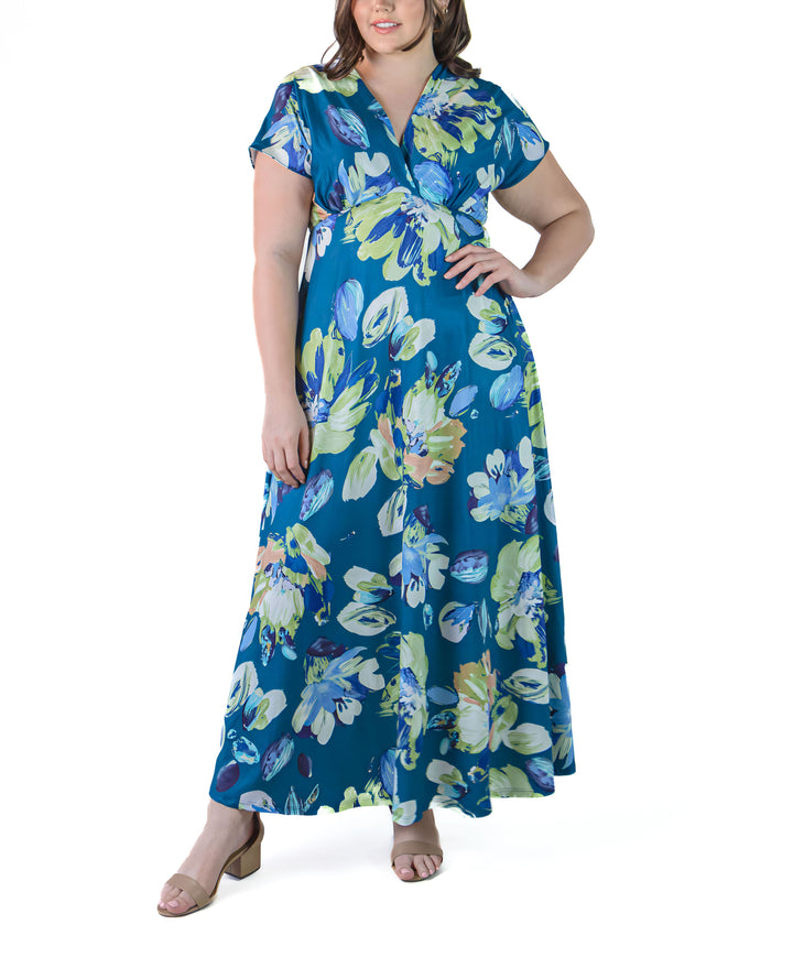 24seven Comfort Apparel Plus Size Empire Waist V Neck Maxi Dress