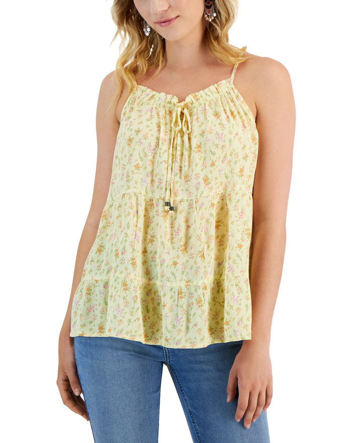 Juniors' Printed Tiered Tie-Neck Top