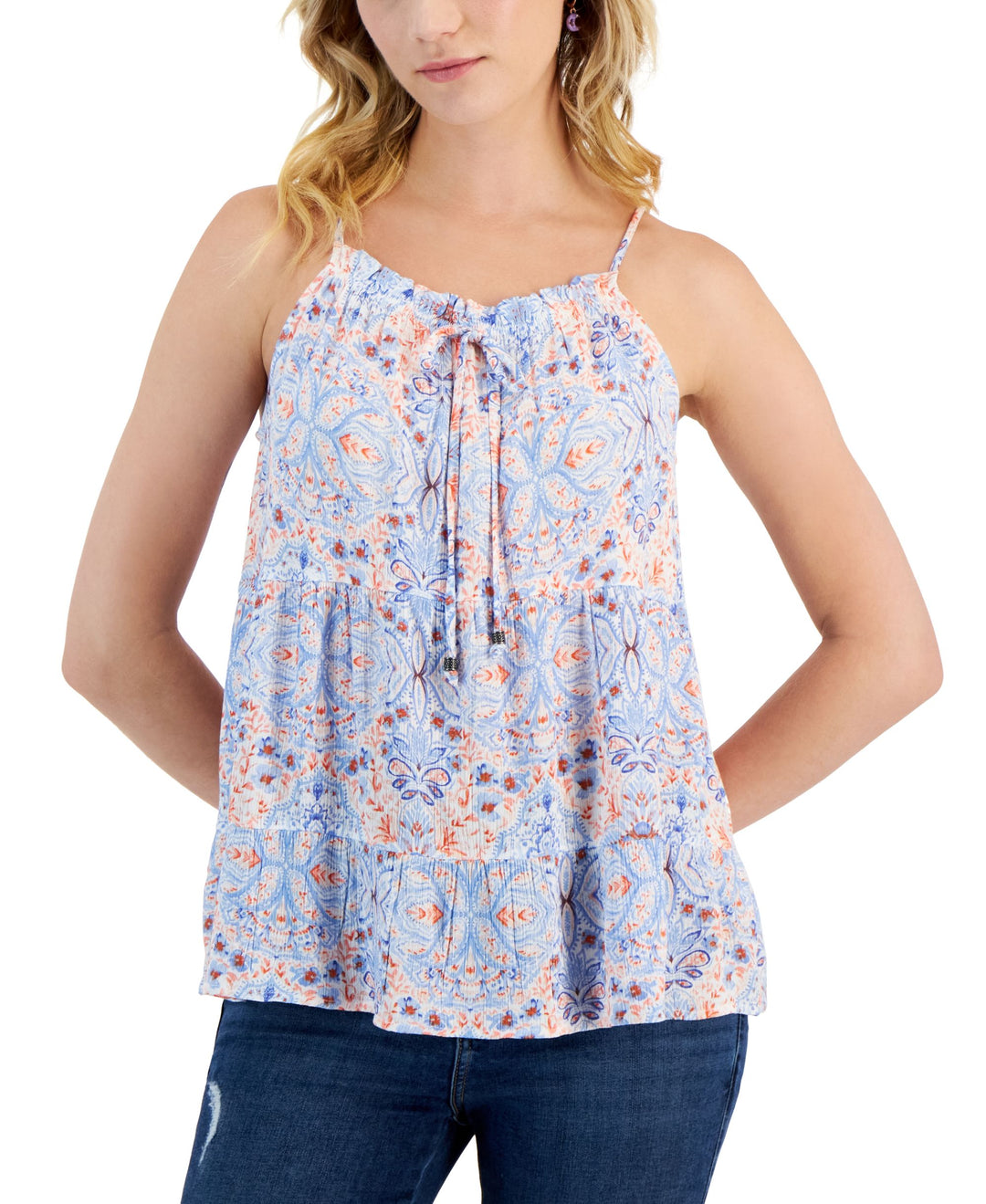 Juniors' Printed Tiered Tie-Neck Top