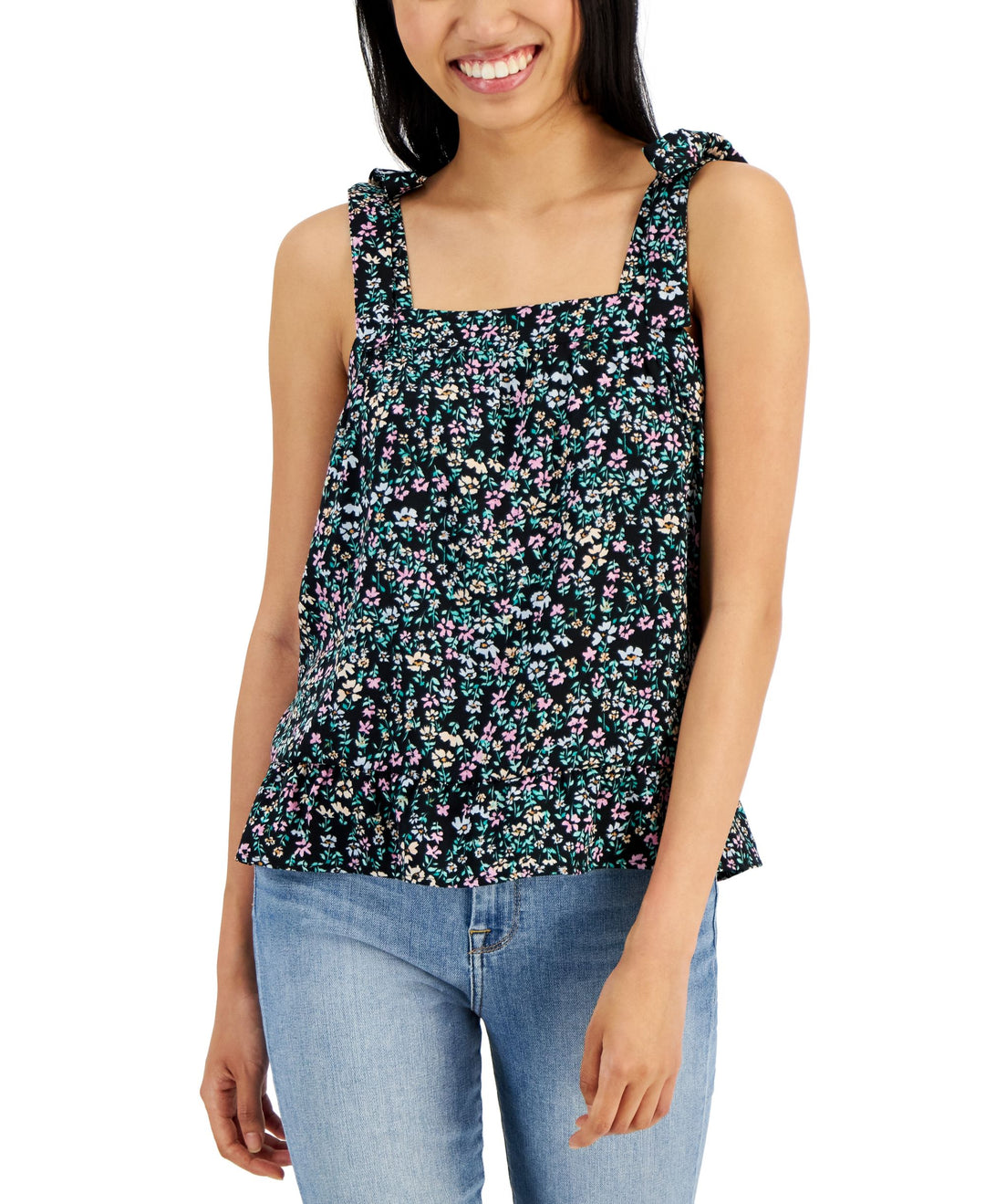 Juniors' Square-Neck Tie-Strap Smocked Top