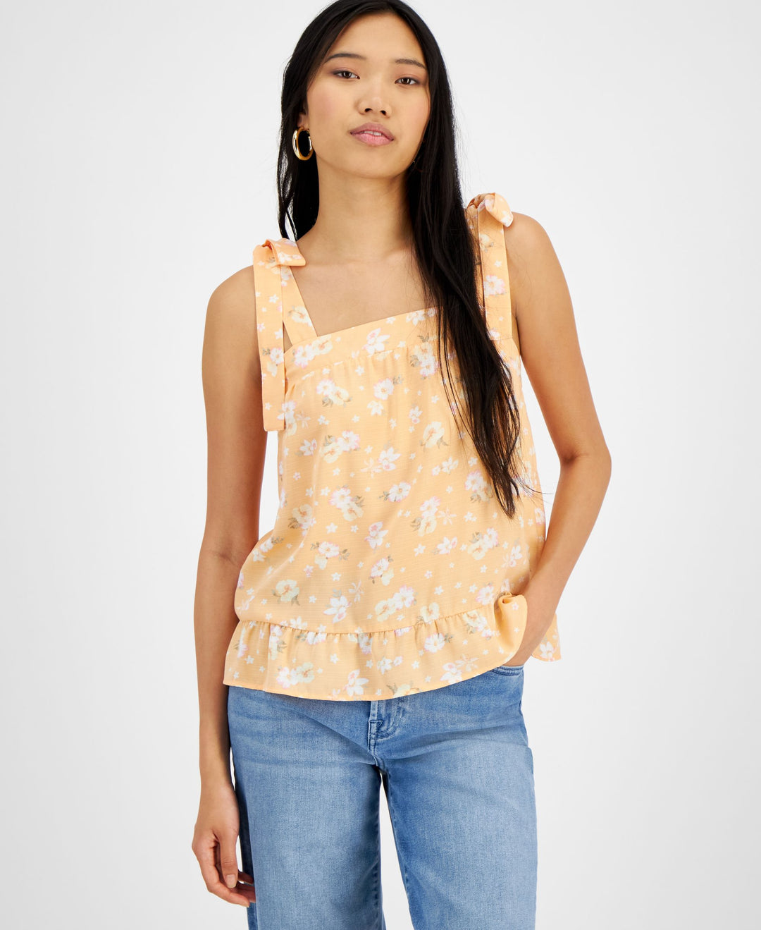 Juniors' Square-Neck Tie-Strap Smocked Top