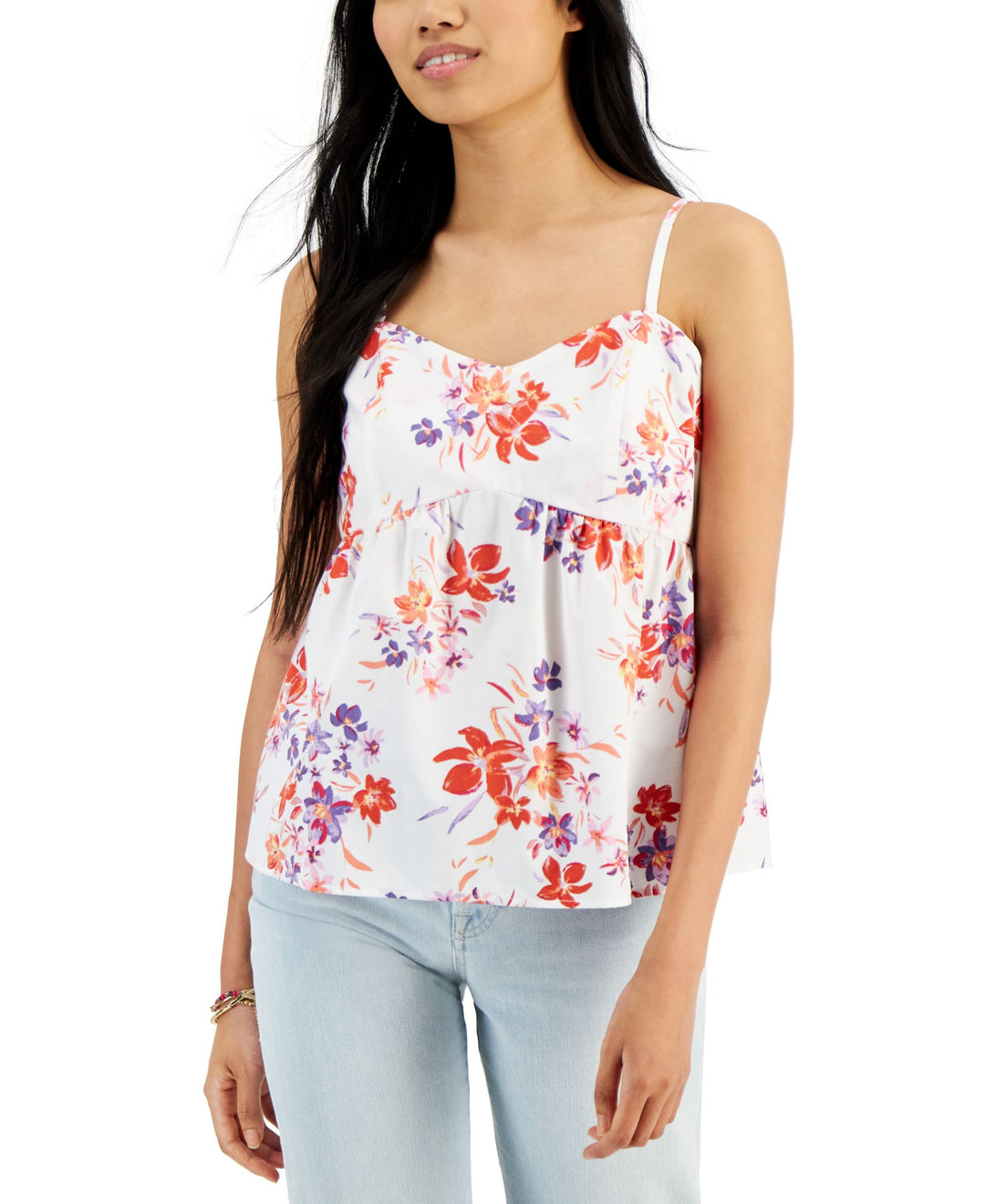 Juniors' V-Neck Floral-Print Poplin Tank Top