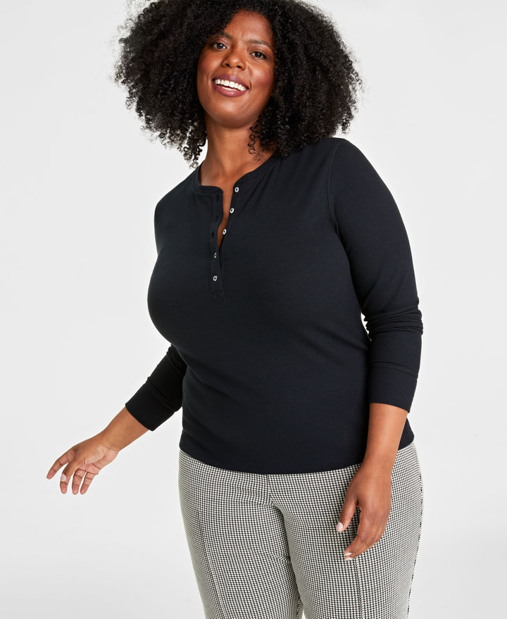 Plus Size Ribbed Long-Sleeve Henley Top