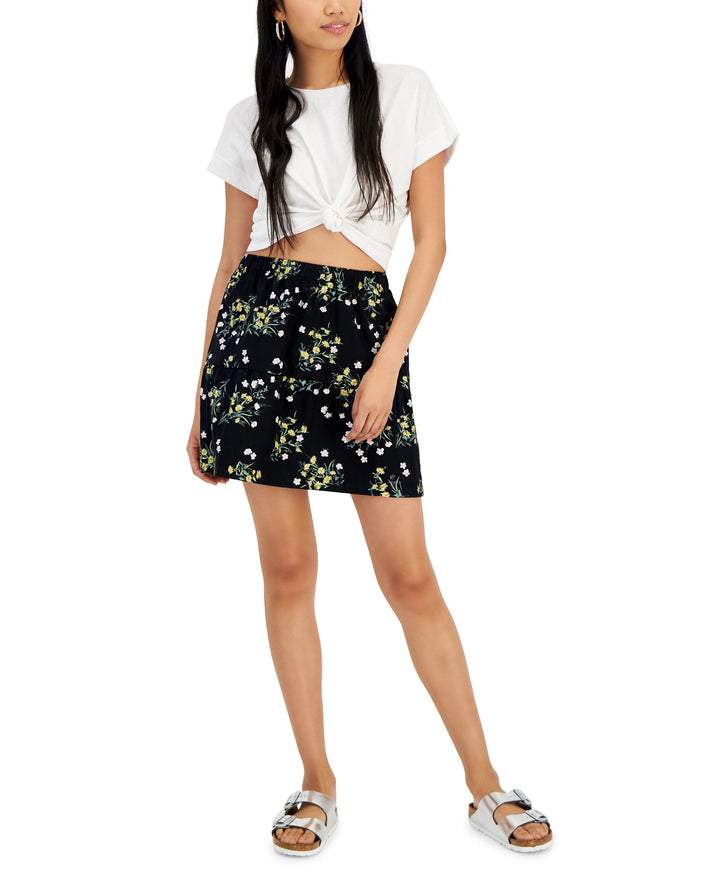 Juniors' Elasticized-Waist Poplin Tiered Mini Skirt