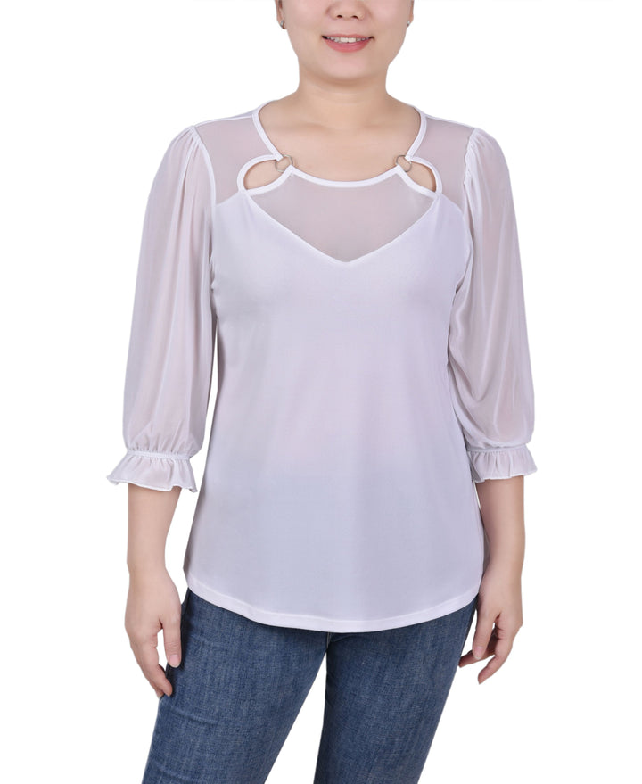 Petite 3/4 Sleeve Ringed Mesh Top