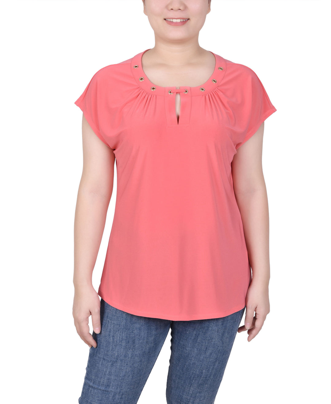 Petite Grommet Neck Knit  Short Extended Sleeve Top