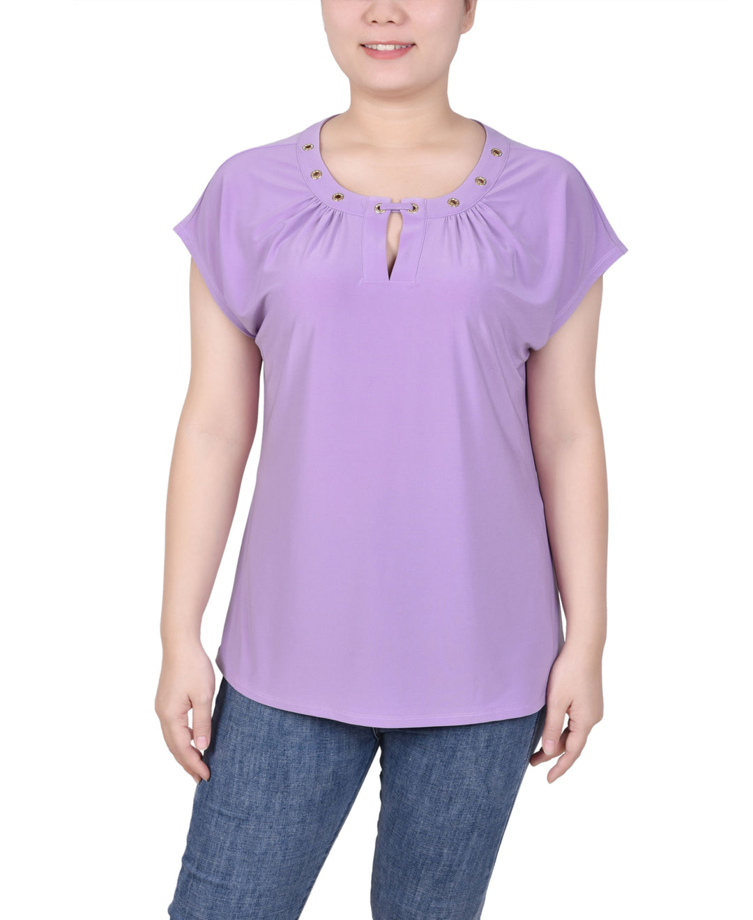 Petite Grommet Neck Knit  Short Extended Sleeve Top