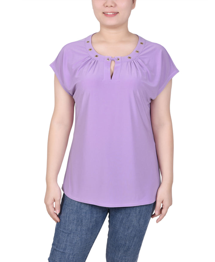 Petite Grommet Neck Knit  Short Extended Sleeve Top