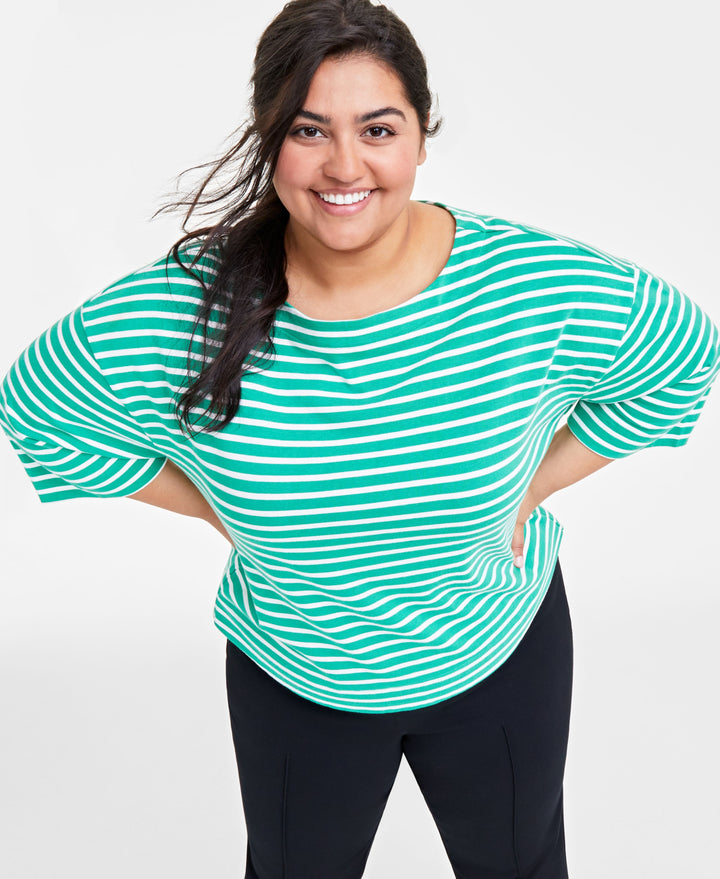 Plus Size Heavyweight Cotton Striped Boat-Neck Top