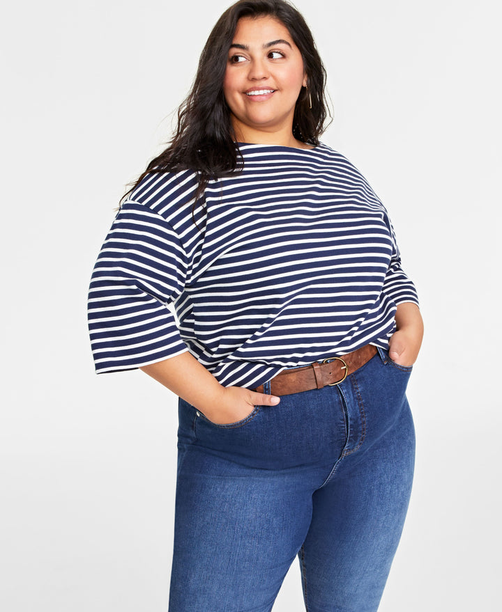Plus Size Heavyweight Cotton Striped Boat-Neck Top