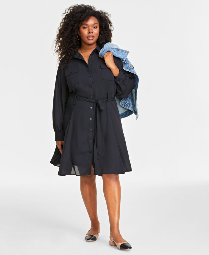 Plus Size Long-Sleeve Belted Shirtdress