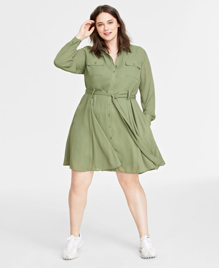 Plus Size Long-Sleeve Belted Shirtdress