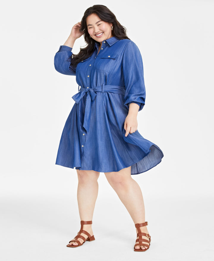 Plus Size Chambray Belted Shirtdress