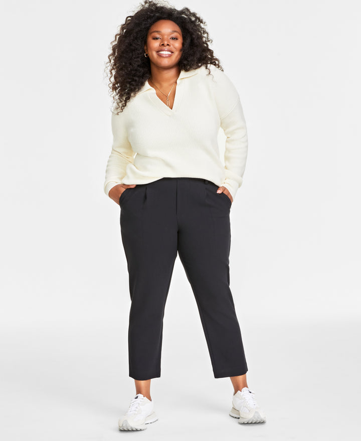 Plus Size Solid Double-Weave Ankle Pants