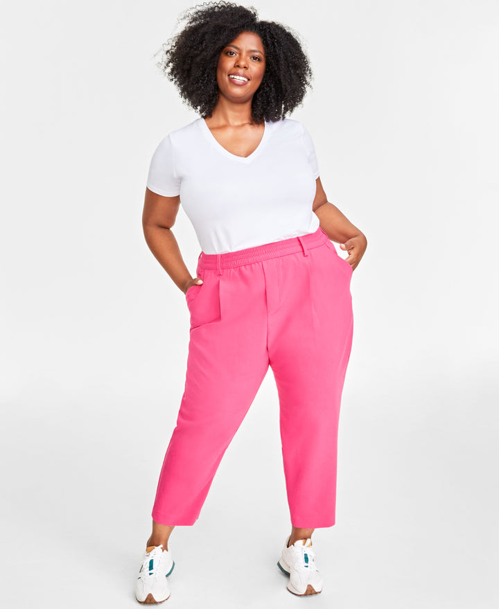 Plus Size Solid Double-Weave Ankle Pants