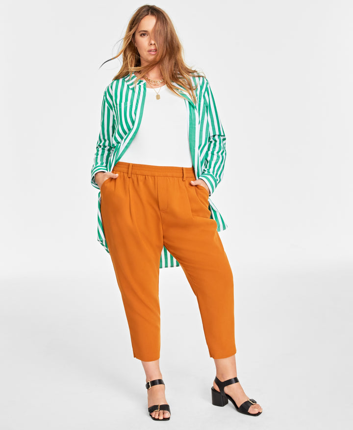 Plus Size Solid Double-Weave Ankle Pants