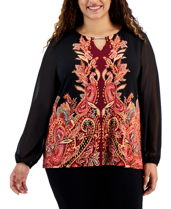 Plus Size Printed Chiffon-Sleeve Embellished-Neck Top