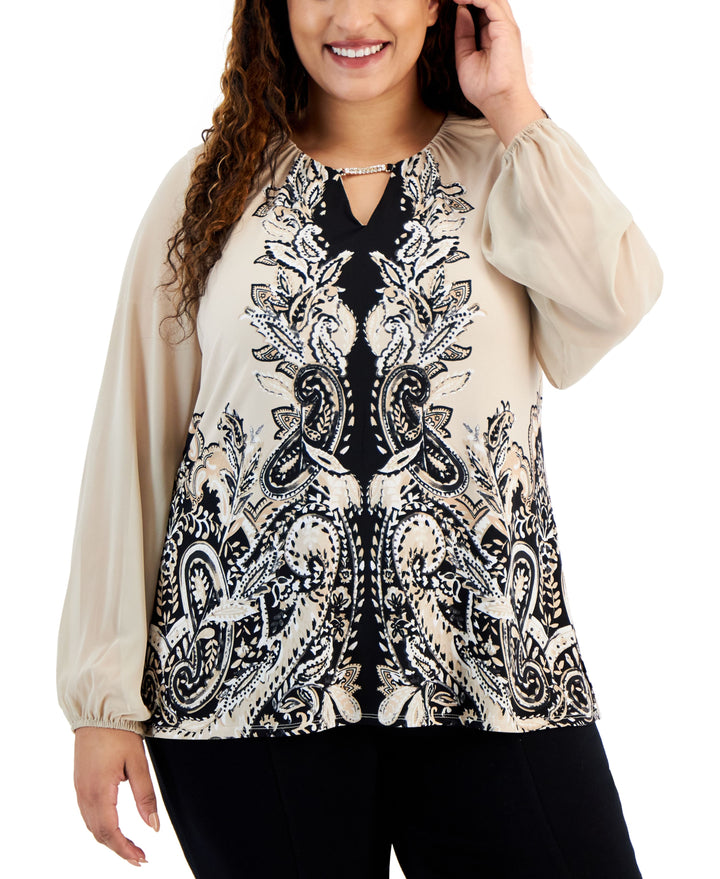 Plus Size Printed Chiffon-Sleeve Embellished-Neck Top