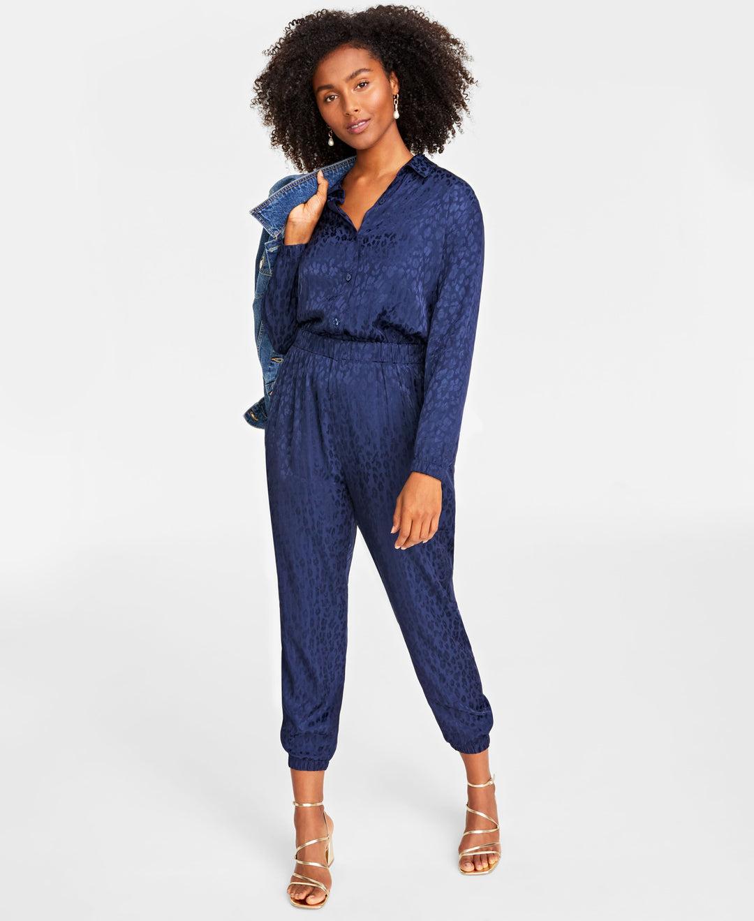 Women's Classic Denim Trucker Jacket & Animal-Print Jacquard Jumpsuit