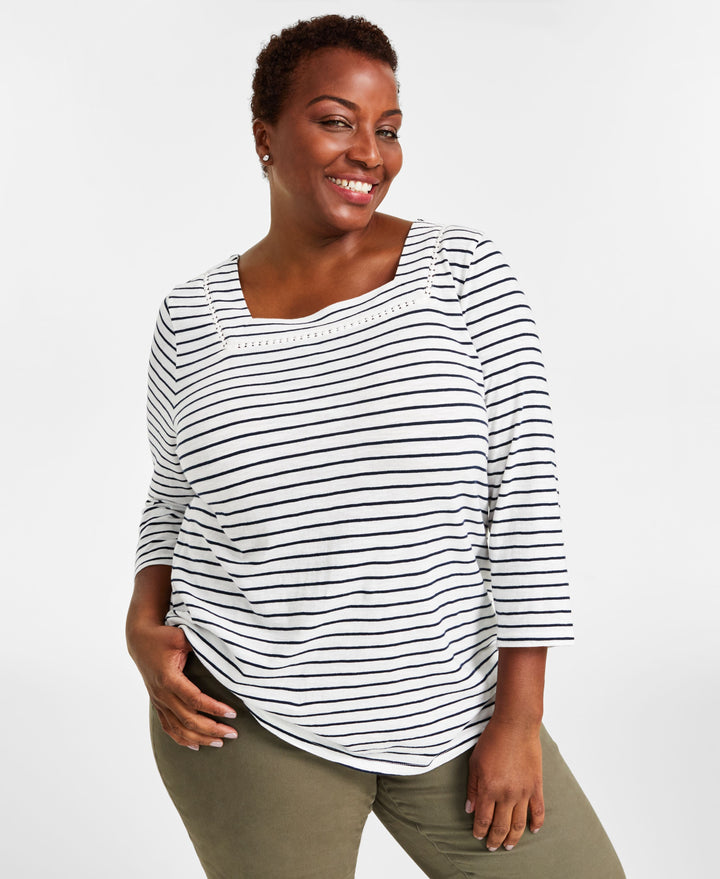 Plus Size Cotton Striped Square-Neck Top