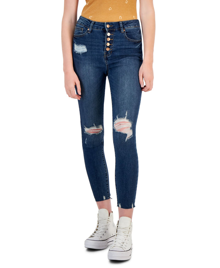 Juniors' Button-Front Curvy Skinny Ankle Jeans