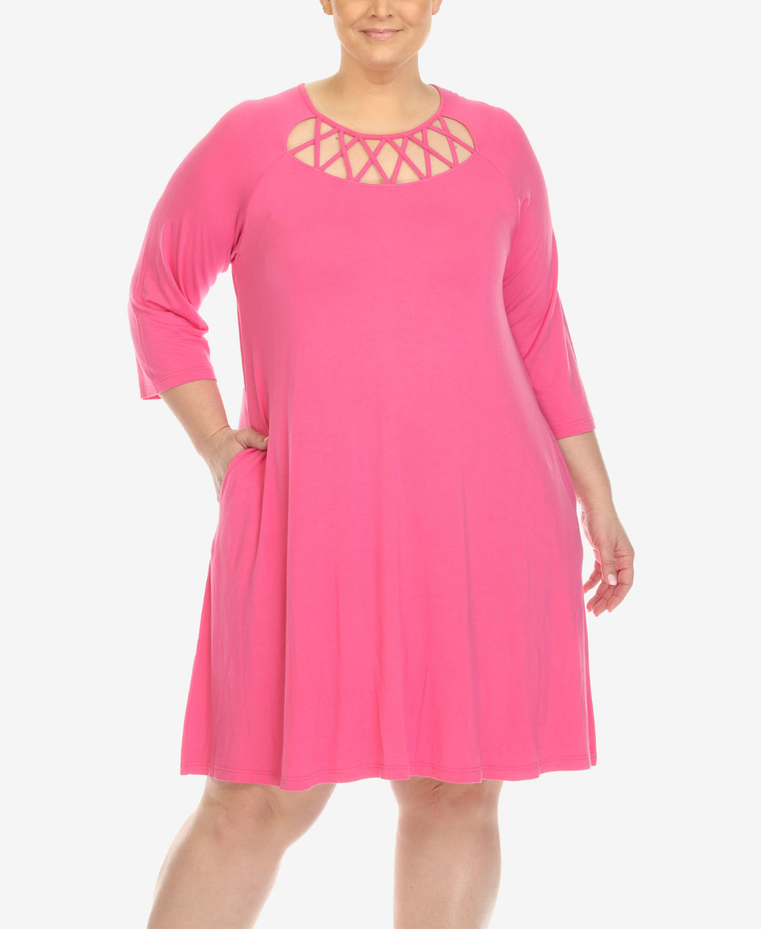 Plus Size Criss Cross Neckline 3/4 Sleeve Swing Dress