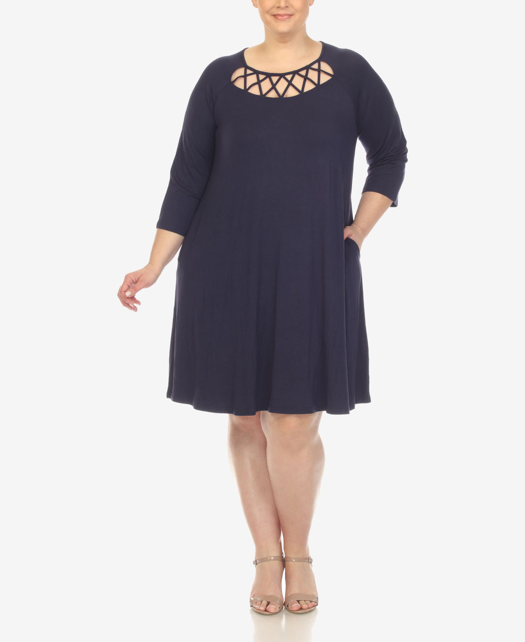Plus Size Criss Cross Neckline 3/4 Sleeve Swing Dress