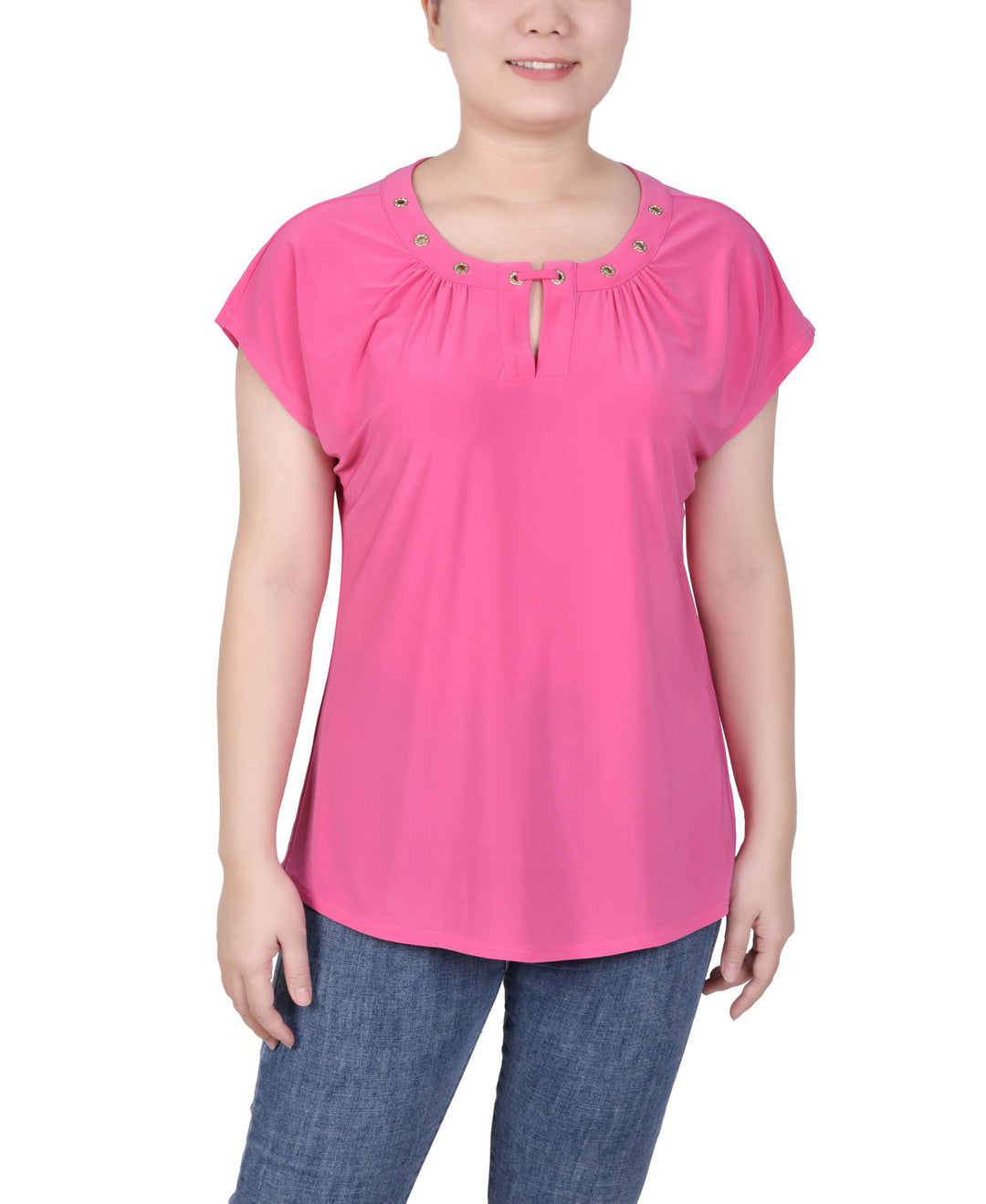 Petite Grommet Neck Knit  Short Extended Sleeve Top