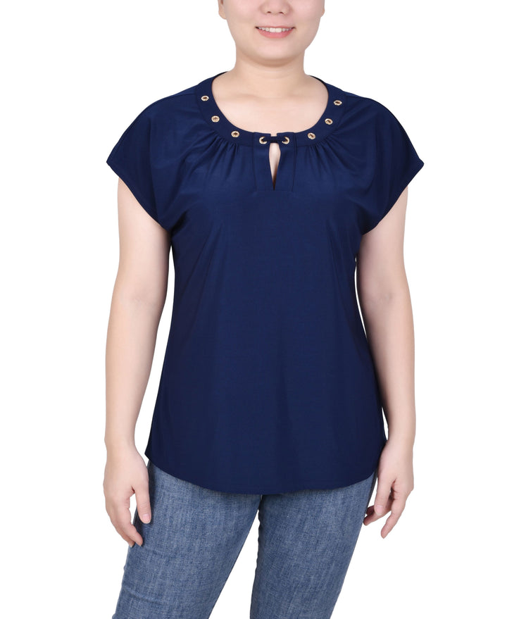 Petite Grommet Neck Knit  Short Extended Sleeve Top