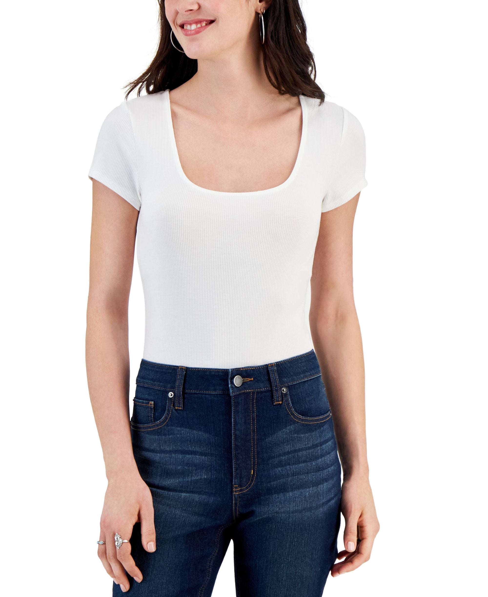 Juniors' Short-Sleeved Square-Neck Ribbed Bodysuit