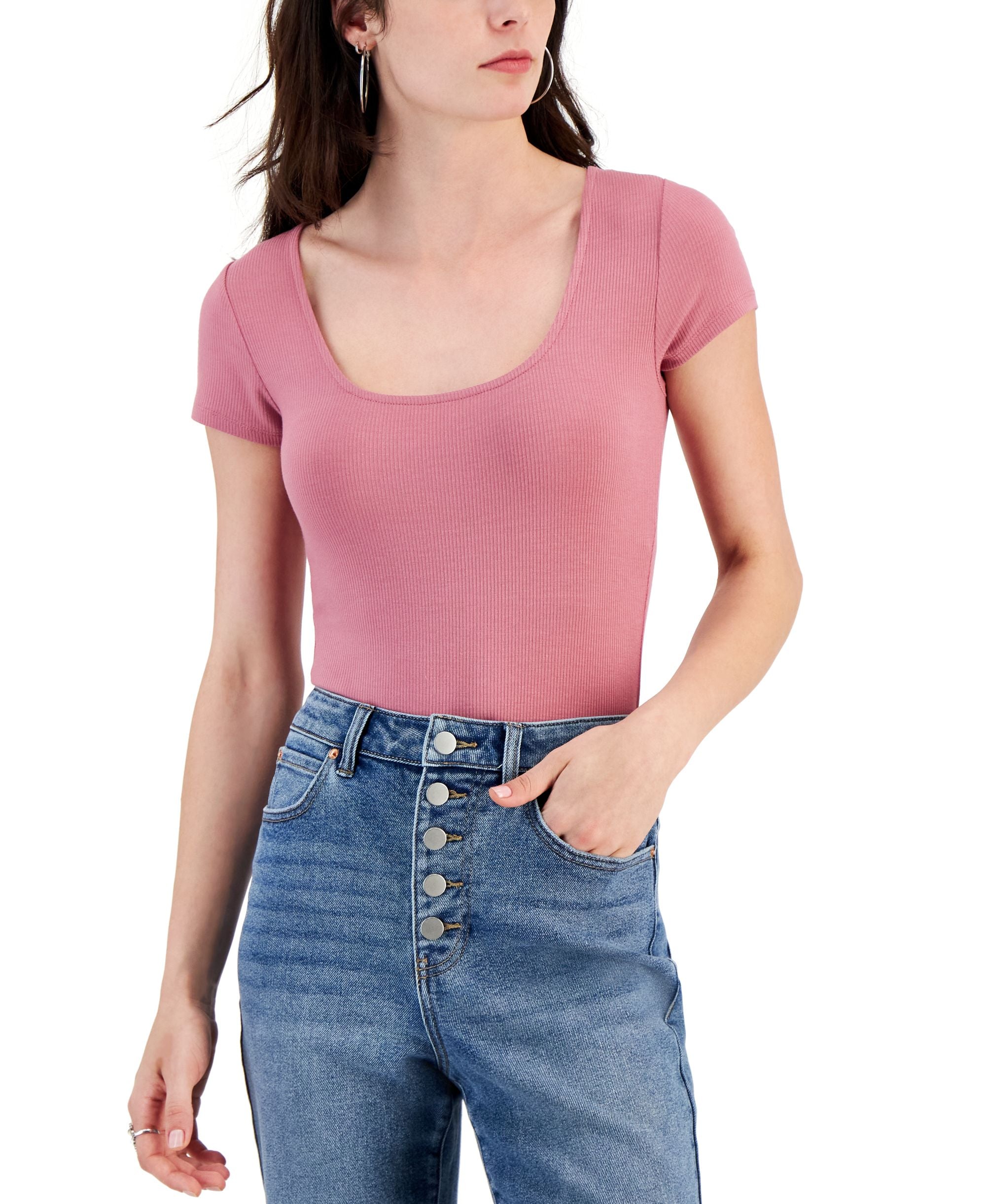 Juniors' Short-Sleeved Square-Neck Ribbed Bodysuit