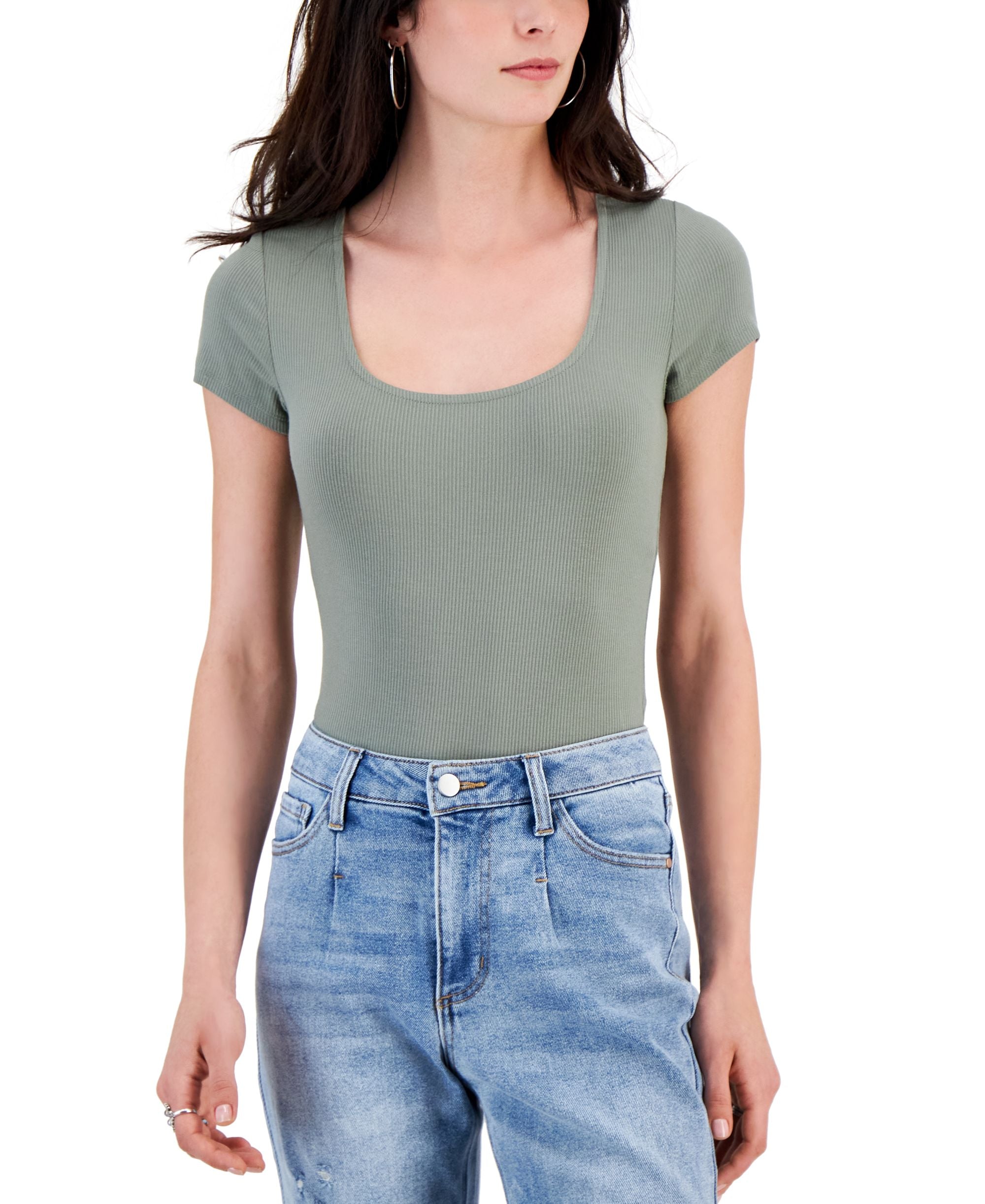 Juniors' Short-Sleeved Square-Neck Ribbed Bodysuit