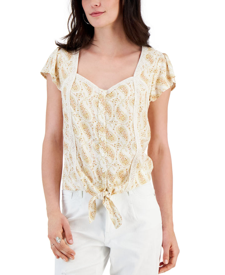 Juniors' Crochet-Trim Tie-Front Top