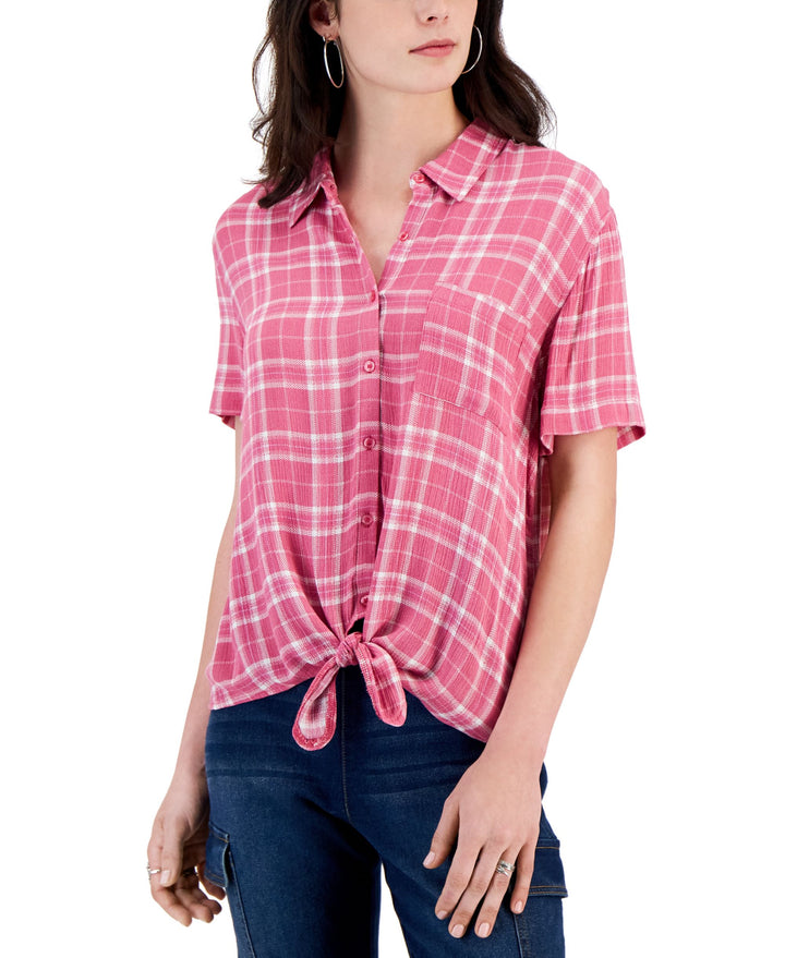Juniors' Plaid Tie-Front Button-Down Shirt